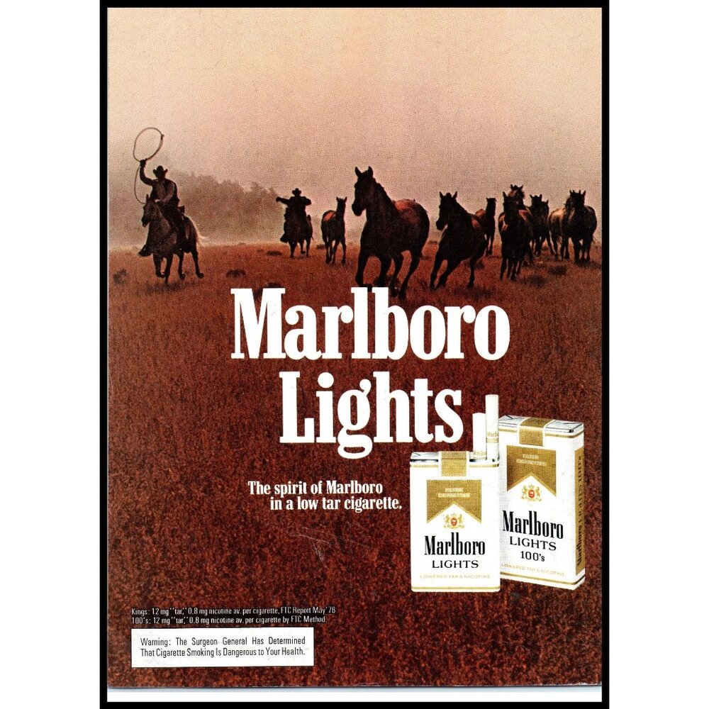 1978 Marlboro Lights Cigarettes Vintage Print Ad Wild Horses Cowboys Wall Art